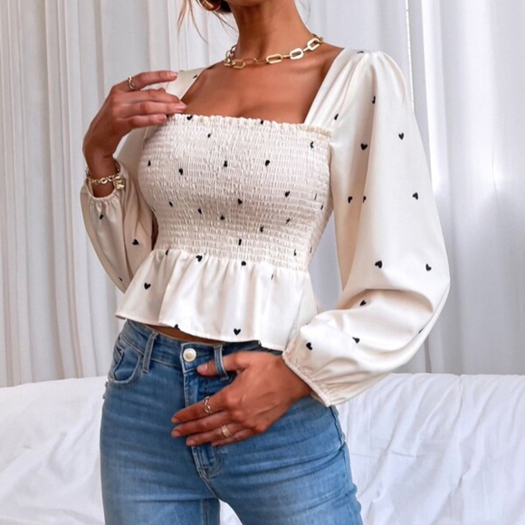 Boho Heart print Square Neck Peplum Top Beige - Picture 3 of 4